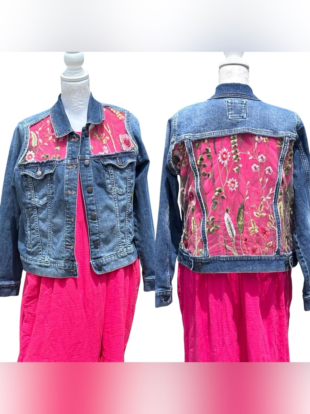 Handmade Floral Embroidered Denim Jacket Wearable Art Large